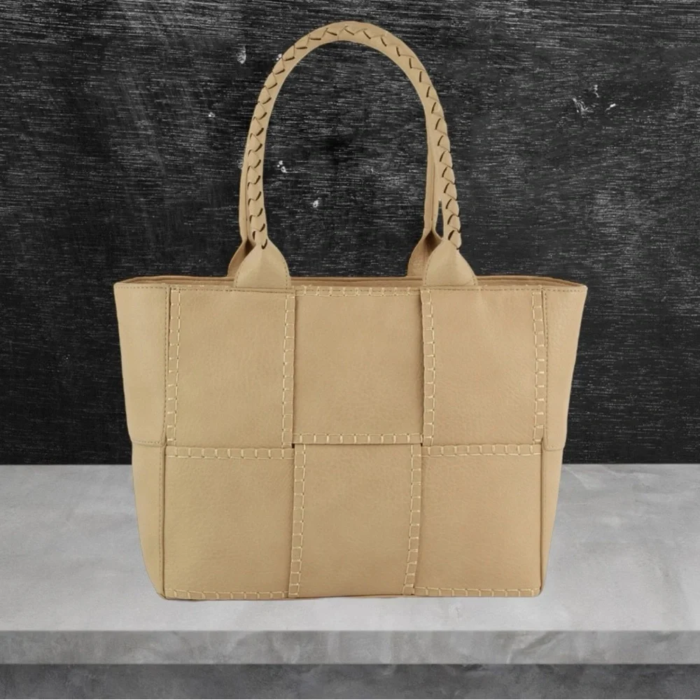 Woven Tote Vegan Leather Shoulder Handbag in Blush